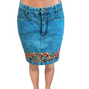 Studebaker Western Denim Skirt Aztec Trim‎ VTG 90s Blue Jean fits Modern sz 10